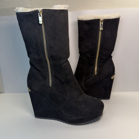 Juicy Couture Shoes - JUICY COUTURE Jckasia Black Suede Faux Fur Lining Mid Calf Wedge Boots Sz 6